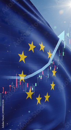 Eu flag with stock market chart and growth arrows symbolizes economic growth and financial trends in europe.