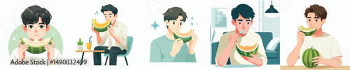 vector of a young man eating bread