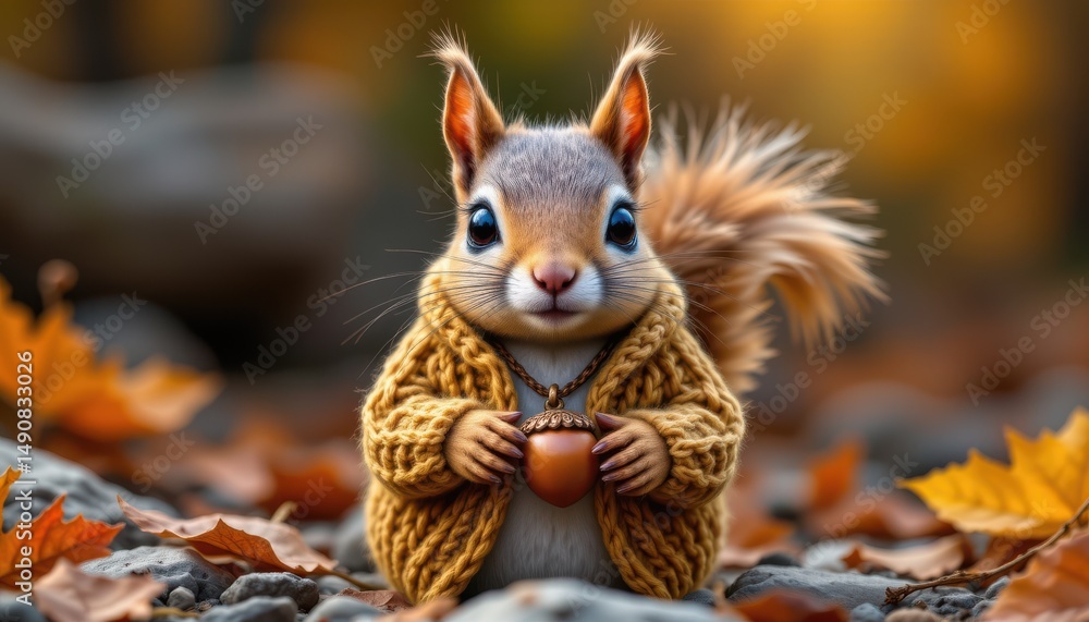 charming squirrel wearing a knitted cardigan, adorned with an acorn pendant, in a whimsical style, vibrant harvest colors, detailed textures, elevated view composition, high resolution charming squirrel wearing a knitted cardigan, adorned with an acorn pendant, in a whimsical style, vibrant harvest colors, detailed textures, elevated view composition, high resolution