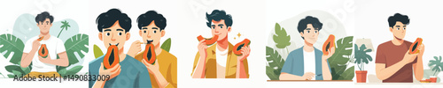 vector of a young man eating bread
