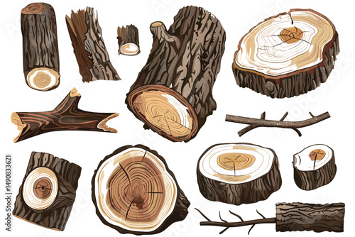 Collection of tree logs, planks, stump, twigs and trunks in cartoon flat style. Wood trunks. Stacked lumber material, trunk twig and firewood logging twigs. Tree stump, old wooden plank or timber log