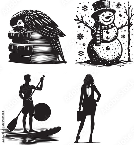 A compilation of a sleeping parrot on books, a snowman, a paddleboarder, and a woman