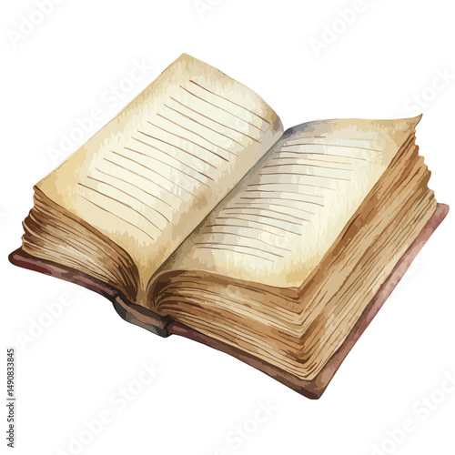 Antique Open Book Watercolor Illustration with Aged Pages and Brown Binding