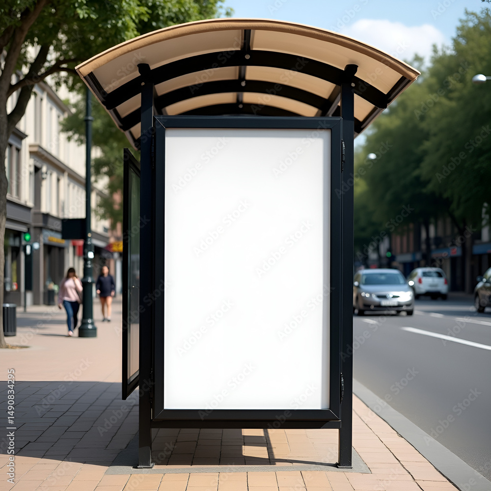 Blank Advertisement Billboard at a Bus Stop in an Urban Setting Blank Advertisement Billboard at a Bus Stop in an Urban Setting