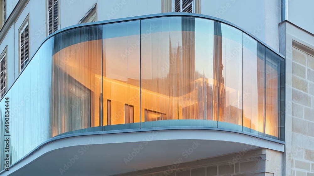 Obraz premium Modern architectural facade with curved glass balcony.