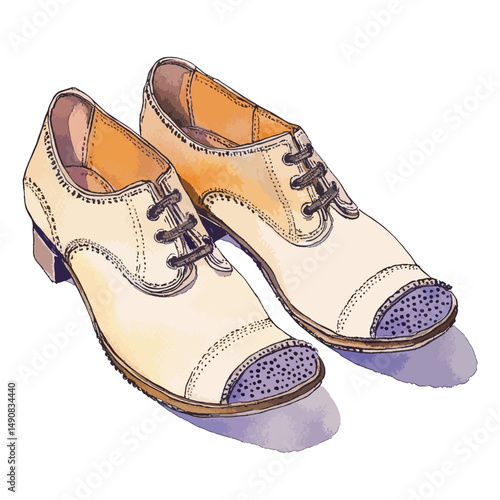 Artistic Illustration of Two Beige and Brown Oxford Shoes with Detailed Stitching