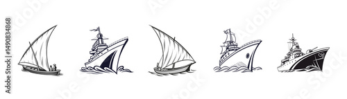 Ship vector art illustration. Ships, boats, cargo, logistics, transportation and shipping icons.  Ship silhouettes vector art illustration. ship logo icon vector.