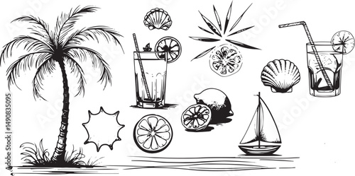 Italian Summer Line Art Set – Minimalist Dolce Vita Icons (Palm, Cocktail, Lemon) | Hand-Drawn Vacation Doodles- dolce vita illustration, summer line art, italian vacation set, ink doodles