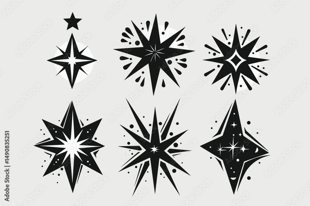 Obraz premium Star shapes set. Abstract random pencil and crayon kids drawing. Spiky geometric vector elements. Hand drawn rough edge sparkles set on pastel background