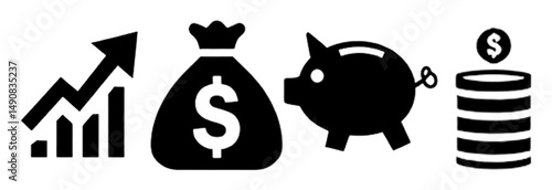 Finance icons. Business Icons, money signs. Money silhouette collection. Wallet with cards icon. Coins silhouette icon. Growth chart. Moneybag or stash. Piggy bank flat style - stock vector