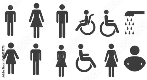 Restroom door pictograms. Woman and man public toilet vector signs, female and male hygiene washrooms symbols, black ladies and gentlemen wc restroom ui