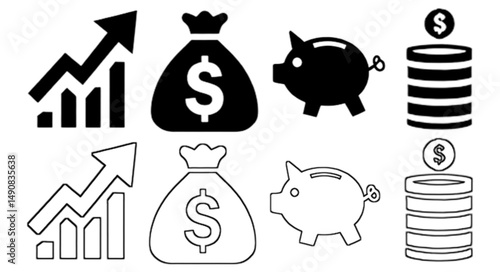 Finance icons. Business Icons, money signs. Money silhouette collection. Wallet with cards icon. Coins silhouette icon. Growth chart. Moneybag or stash. Piggy bank flat style - stock vector