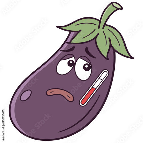 Sick Eggplant with Thermometer and Runny Nose, Illness Theme. Perfect for: Get Well Cards, Health Awareness Events, Winter Care Campaigns