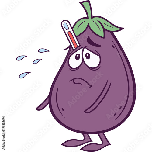 Sick Eggplant with Thermometer and Runny Nose, Illness Theme. Perfect for: Get Well Cards, Health Awareness Events, Winter Care Campaigns