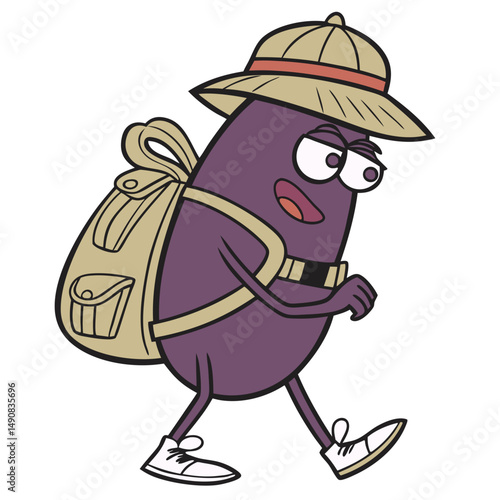 Eggplant Adventurer with Backpack and Explorer Hat. Perfect for: Adventure Camps, Outdoor Festivals, Travel Exhibits