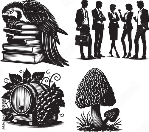 A black and white illustration with a parrot on books, business people, and more