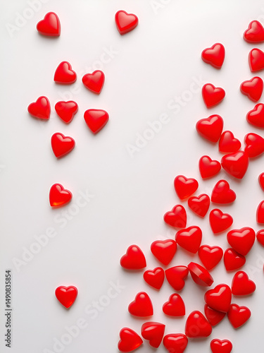 Vibrant red heart-shaped pills placed sporadically on a light gray background with clear, open space for Valentines-themed text