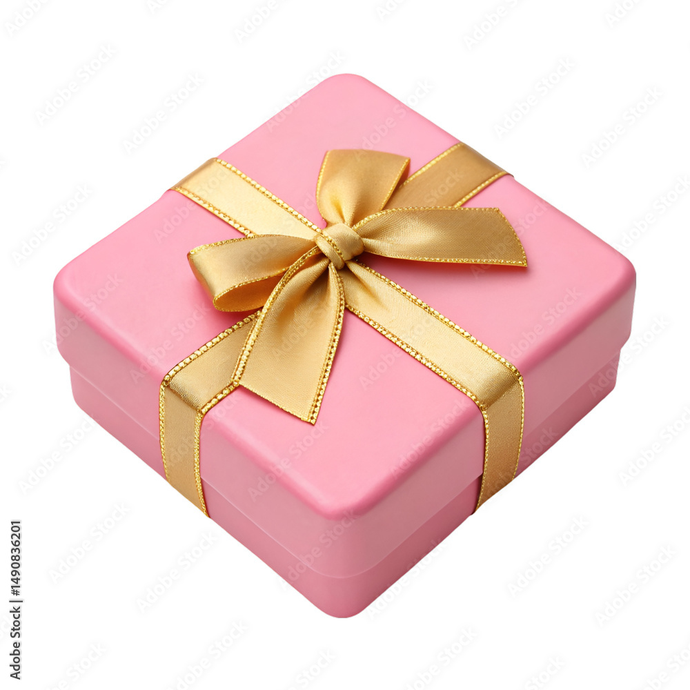 Fototapeta premium Pink gift box with golden ribbon bow top view on white background
