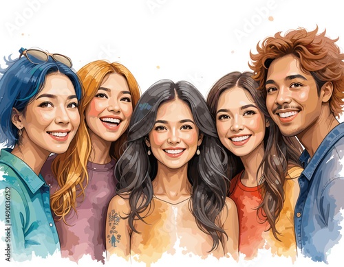 Five cheerful young friends with diverse hairstyles posing together on a bright watercolor background