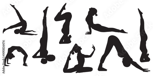 Set of Silhouette Yoga Poses Flexible Poses for Fitness, Health, and Wellness Design. Silhouettes of woman doing yoga exercises. Icons of flexible girl stretching and relaxing eps 10