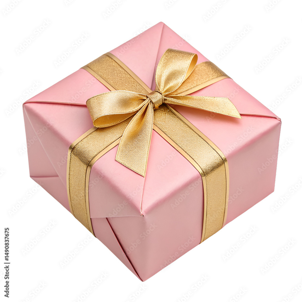 Fototapeta premium Pink gift box with golden ribbon bow top view on white background