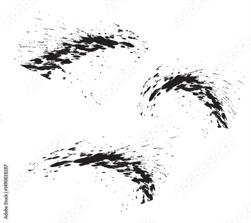 Set of ink splashes. 	
Black ink splash texture painting. Black ink spots set on transparent background. Ink illustration.	
