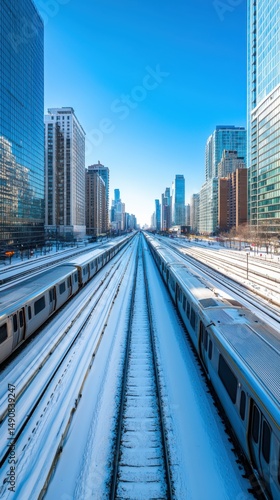 Train journey on snow-covered tracks chicago skyline urban landscape daylight aesthetic composition