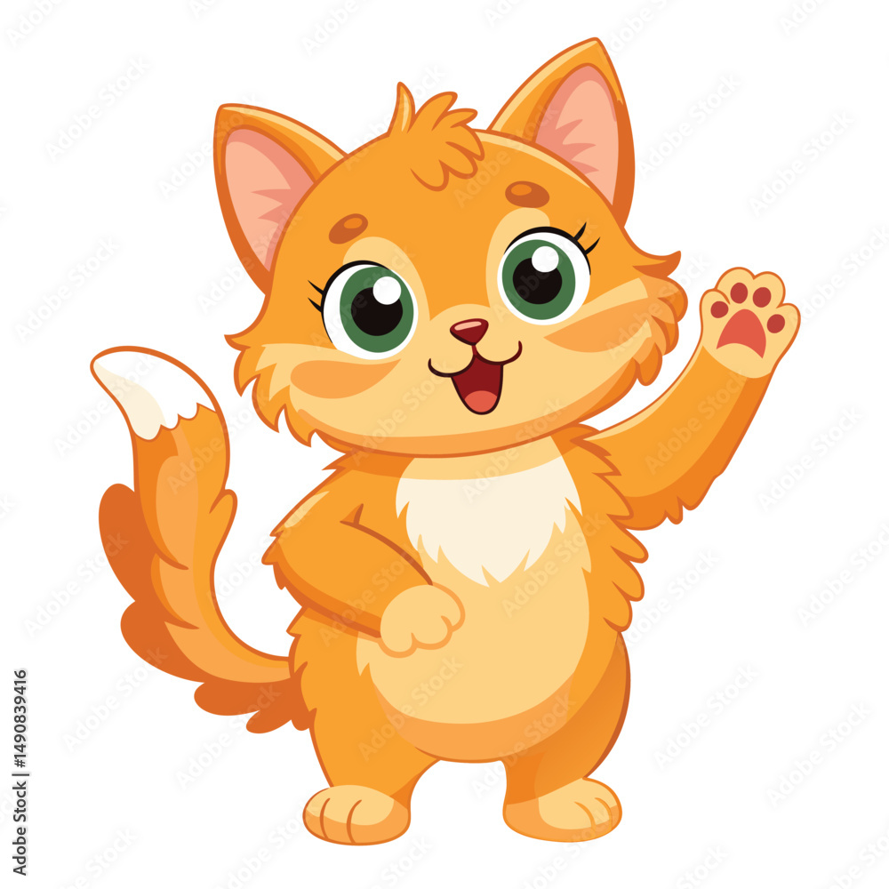 Fototapeta premium A fluffy ginger kitten standing on its hind legs with a paw raised and a joyful expression on white background