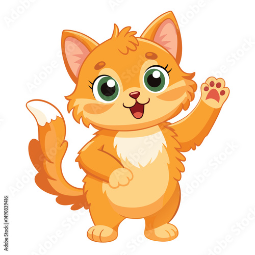 A fluffy ginger kitten standing on its hind legs with a paw raised and a joyful expression on white background