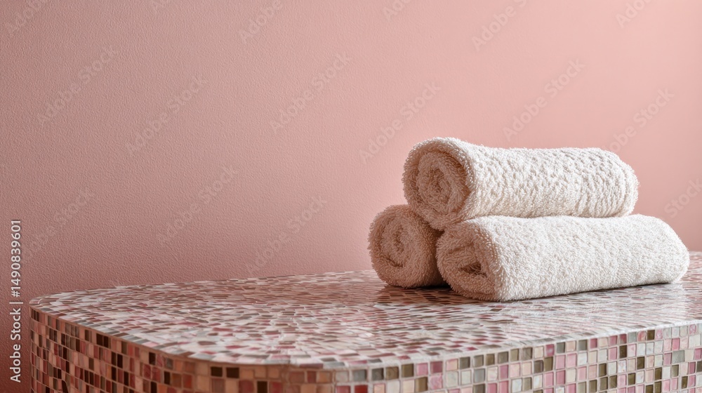Fototapeta premium Rolled white towels on a mosaic surface