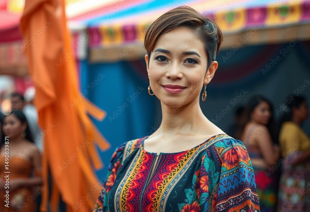A transgender woman standing confidently in front of a cultural event backdrop A transgender woman standing confidently in front of a cultural event backdrop