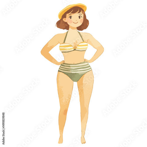 Cheerful Woman in Striped Bikini and Yellow Hat Posing Confidently
