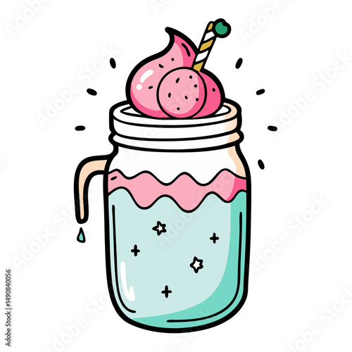 Cookie Crumble Ice Cream Jar Illustration for Dessert Menu on transparent background