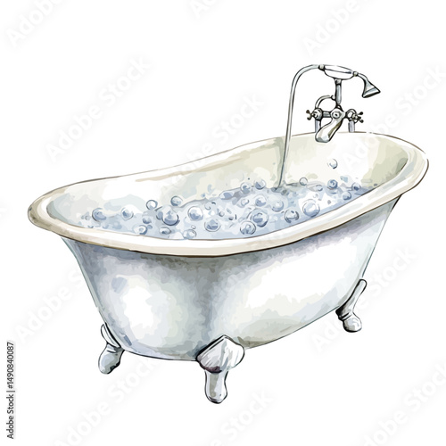 watercolor of Modern White Bathtub With Bubbles, vector high quality, isolated on a white background.
