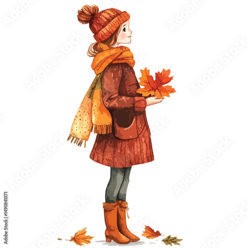 Autumnal Watercolor Girl in Knitted Hat and Coat Holding Maple Leaves