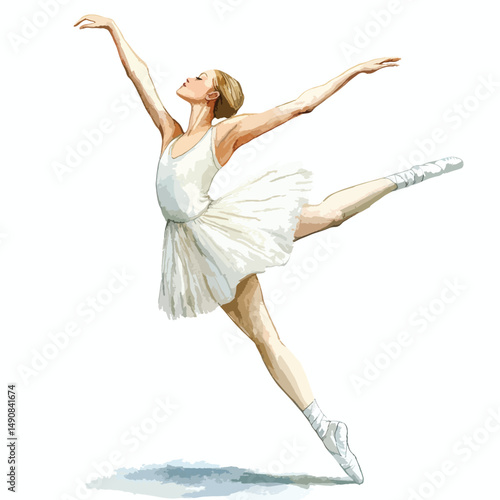 Ballerina in midair graceful arabesque pose white tutu pointe shoes