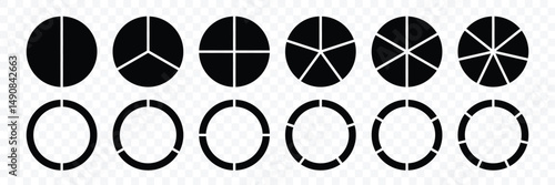 Circle pie chart diagram. Pie chart divided 2, 3, 4, 5, 6,7, 8, 9, 10, 11, 12. Segment slice sign. Vector illustration