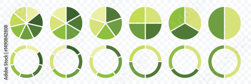 Set of pie charts icon. Circle pie chart diagram. 1, 2, 3, 4, 5, 6, 7, 8, 9, 10, 11, 12 sections or steps. Circle icons for infographic, UI, web design, business presentation. Vector illustration