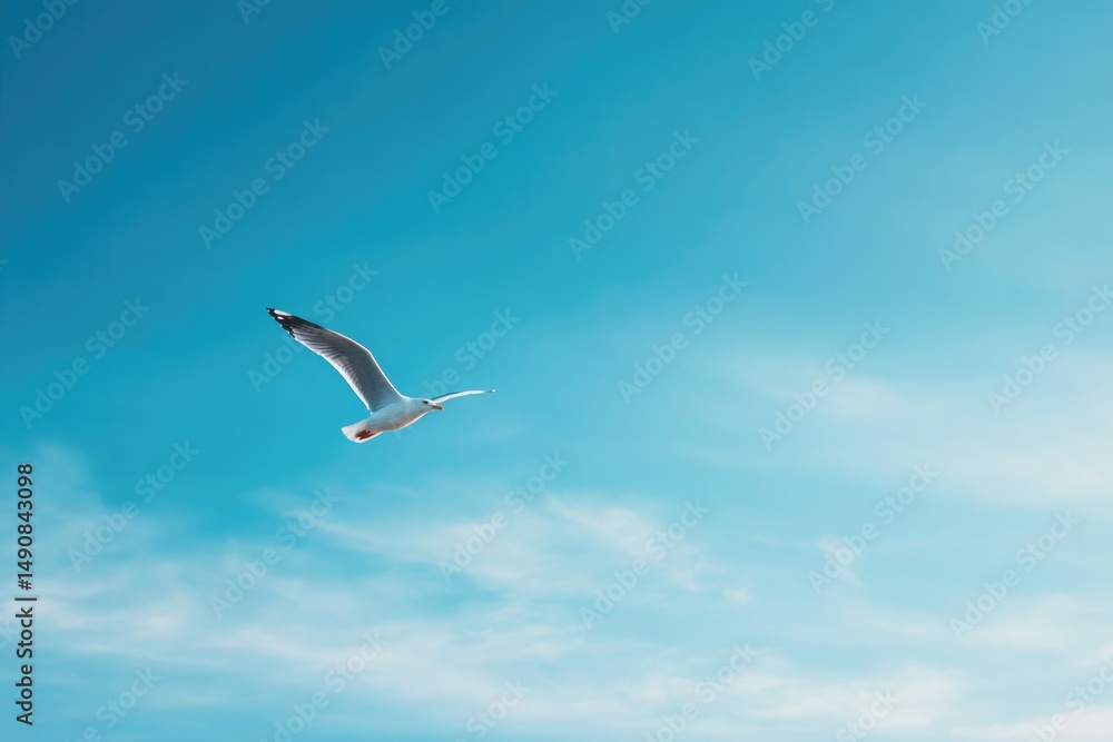 Obraz premium single bird soars gracefully against vast sky backdrop composition emphasizing tranquility and freedom