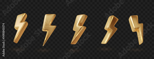 Metallic gold lightning 3d vector isolated on dark. Thunder bolt icon for energy and danger.