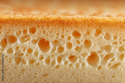 Close-up of sponge cake: A detailed, macro shot showcases the airy texture and golden-brown crust of a freshly baked sponge cake, inviting a sensory experience of taste and texture. 