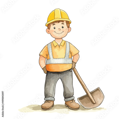 Cartoon construction worker with yellow hardhat and shovel smiling cheerfully