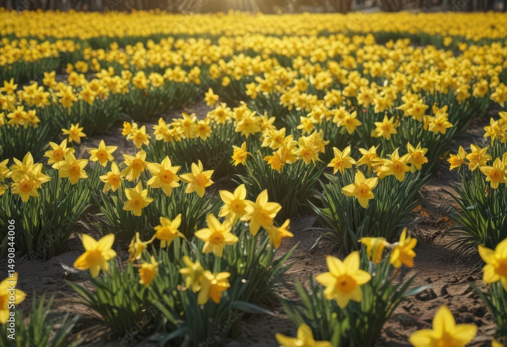 Fototapeta premium Sunlit field of vibrant yellow daffodils in full bloom , daffodil field, botany, golden