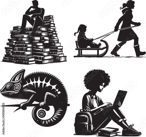 A collection of black and white illustrations featuring people, books, and a chameleon