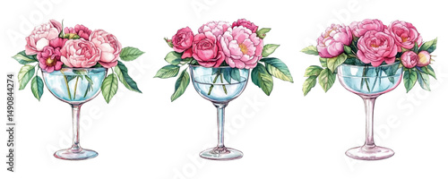 Watercolor set of bouquets of pink peonies in a glass of water. Pink peonies with roses and lush leaves standing in a glass for drinks with water. Watercolor floral arrangements of peonies.