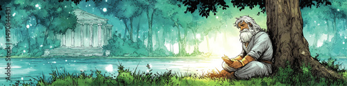 Serene Vector Illustration of Wise Old Man Reading Under Ancient Tree Near Tranquil Lake and Classical Temple in Mystical Forest with Glowing Magical Lights and Nature