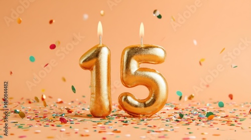Gold 15th birthday candles with confetti