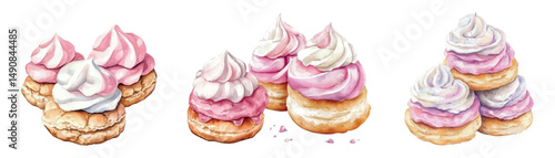 Watercolor set of profiteroles cakes. Sponge cakes filled with white and berry cream. Creamy appetizing desserts with cream. Concept of Italian and French desserts.