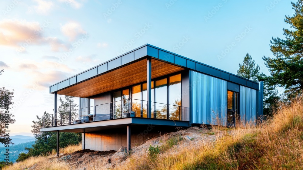 Obraz premium Modern Hillside Home with Metal Siding and Wood Deck, Architecture , Exterior