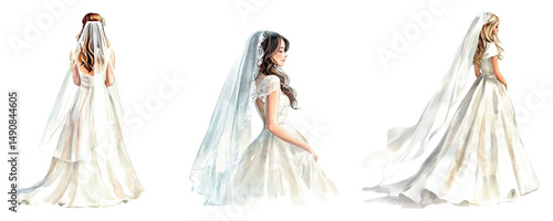 Watercolor bride and groom in wedding dress. Bride and groom in wedding dress and with veil in hair. Wedding and wedding ceremony concept. Elements for wedding invitations and other designs. 